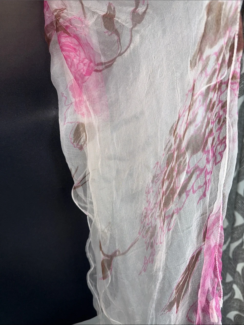 100% Silk Sheer Floral Scarf Pink & Brown Artistic Print Wrap